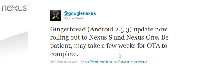 Google Nexus One und Nexus S erhalten Gingerbread 2.3.3 - Twitter Screenshot