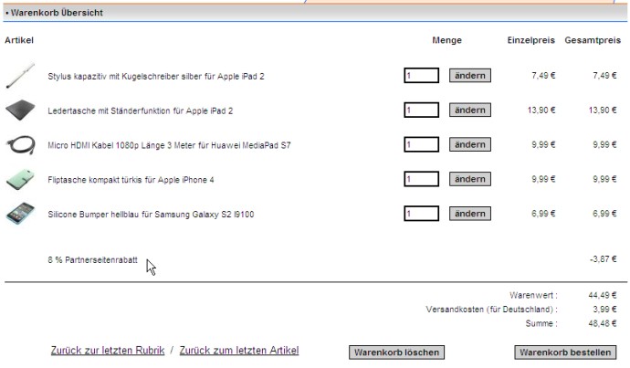 Screenshot vom Warenkorb auf HOT-WIRE.de